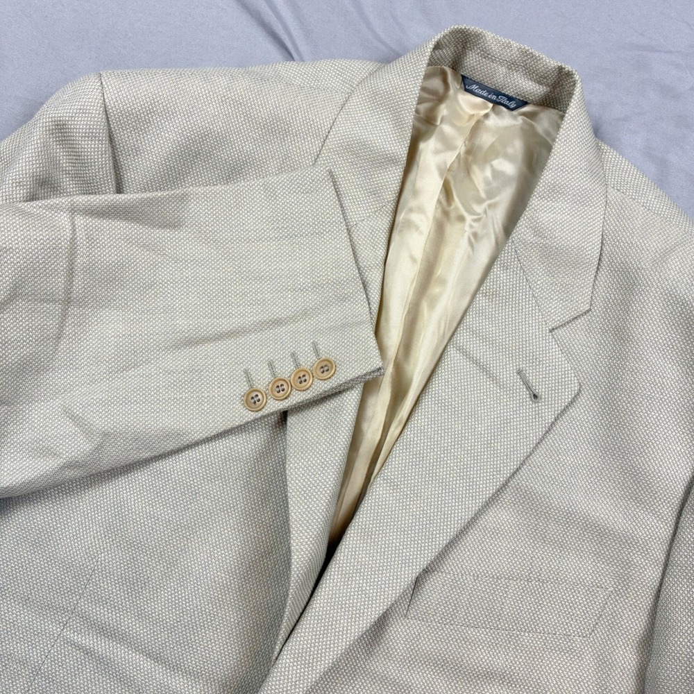Zanella Sport Coat 42R Beige Tan Linen Silk Wool Blazer Italy Micro Check